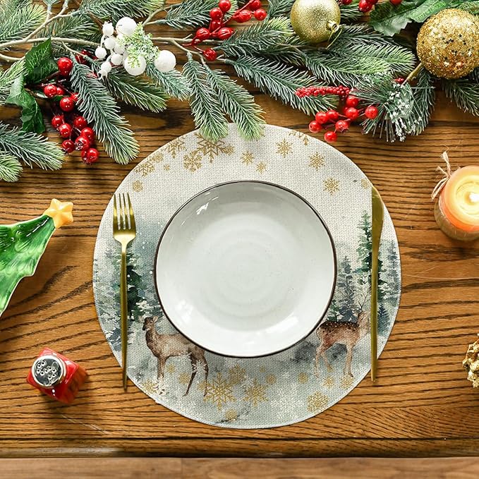 Artoid Mode Watercolor Deer Trees Snowflakes Christmas Round Placemats Set of 4, 14 Inch Winter Round Table Mats for Dining Decoration