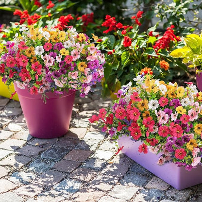 Artificial Fake Outdoor Plants Flowers for Outside Spring Summer Decoration, 12 Bundles Faux Silk Realistic UV Sun Resistant Colorful Mix Daisy Lavender for Porch Patio Window Box Yard Home Decor