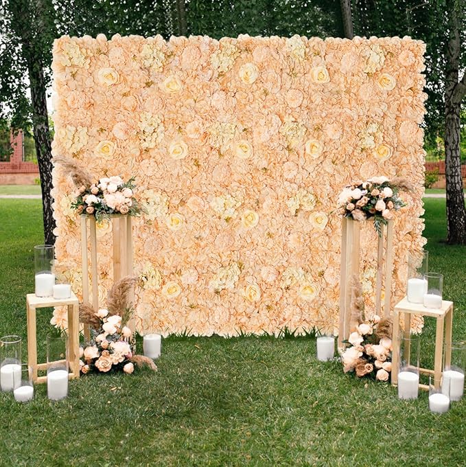 Artificial Rose Flower Wall Backdrop for Bridal Shower - 5ftx3.74ft Champagne Wedding Fake Floral Wall Background - Birthday Party Decorations