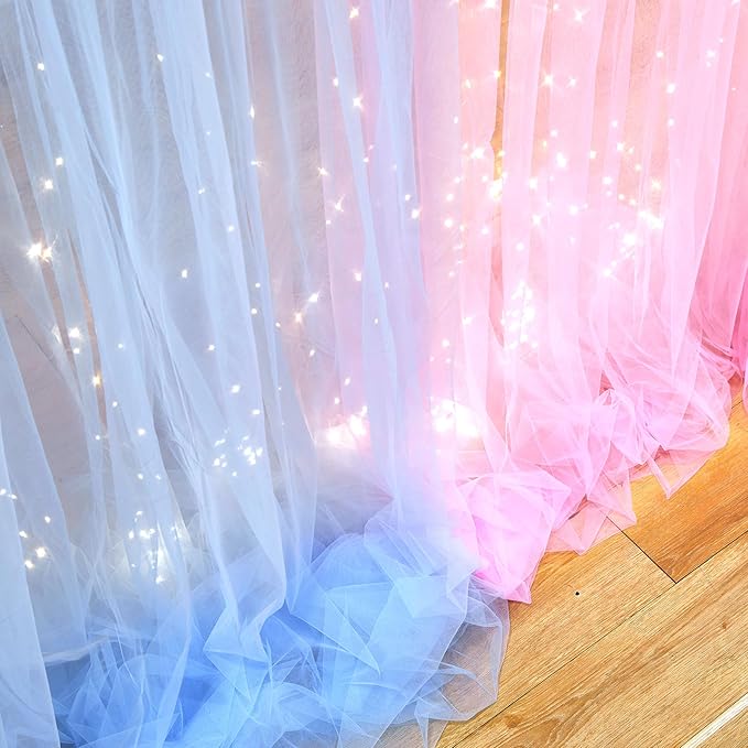 10ft x 8ft Pink Blue Tulle Photo Backdrop Curtain with Lights String for Gender Reveal Sheer Curtain Back Drop Baby Shower Backdrop for Boy or Girls Birthday Party Photo Booth Background Decorations