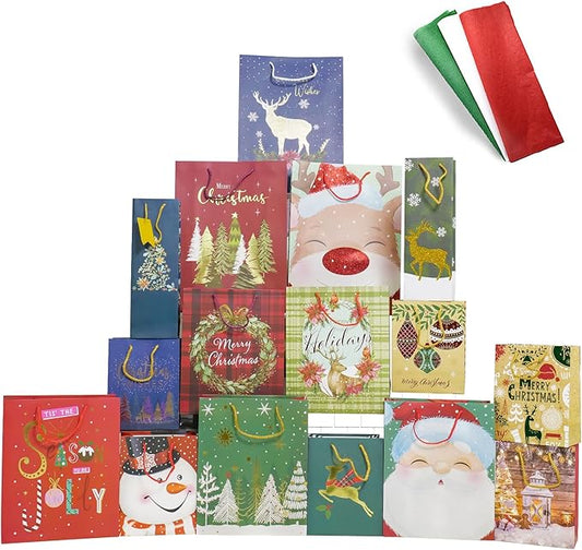 Smarimple Christmas Gift Bags 16 PCS Christmas Bags Bulk Assorted Sizes with Handles and 12 Sheet Tissue Papers 16 Holiday Designs 3 Jumbo 5 Large 6 Medium 2 Wine Bags for Xmas Holiday Present