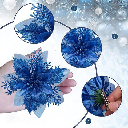24Pcs Christmas Poinsettia Artificial Flowers and Glitter Berries Kit, 2 Styles Total 16Pcs Christmas Tree Flowers Ornaments, 8Pcs Christmas Tree Picks for Wedding Holiday Decorations, Baby Blue