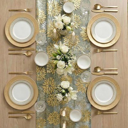 Artoid Mode Sage Green Gold Dahlia Flower Gauze Table Runner 120 Inch 10FT, Glitter Metallic Foil Sheer Cheesecloth Dining Holiday Table Decor for Home Party