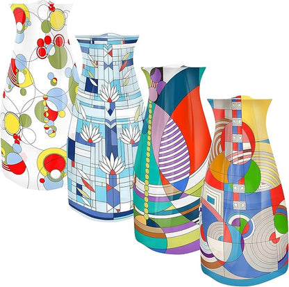 MODGY Expandable Flower Vase Set, Plastic Decorative Modern Foldable Printed Vases for Centerpieces for Wedding, Dining Table, Home Decor, Living Room, Bathroom, Office, Frank Lloyd Wright, 4 Pack