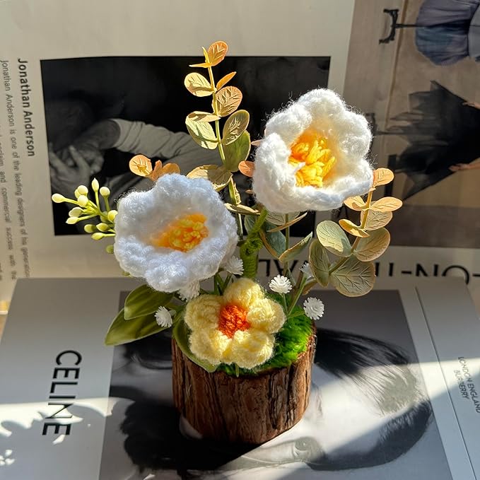 Crochet Flowers Lily of The Valley Bouquet Creative Knitted Potted Plant Mini for Dashboard Decoration Home Desktop Decorations and Gifts for Friends, Lovers, Classmates