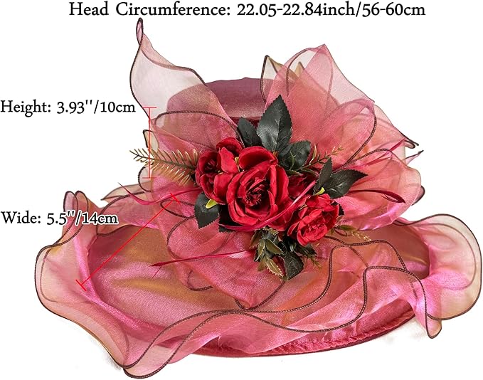 Organza Derby Hats for Women Wide Brim Fascinator Hat Rose Flower Wedding Tea Party Hat