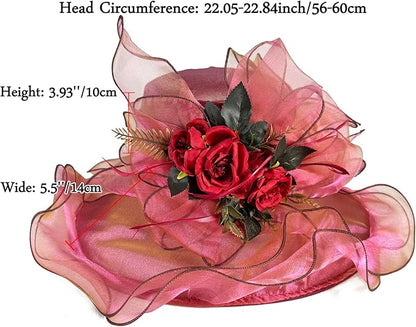 Organza Derby Hats for Women Wide Brim Fascinator Hat Rose Flower Wedding Tea Party Hat