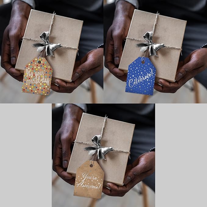 Pro Supply Global 24 Count of 2.5 Inch x 3 Inch Pre Strung Celebration Gift Tag Assorted Printed Designs on Large Cardstock Gift Hang Tags - Ideal to Use on Bags