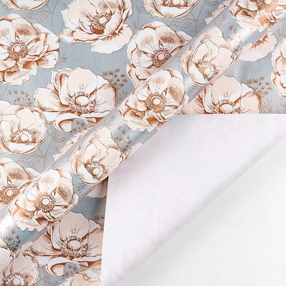 WRAPAHOLIC 30 Inch Reversible Floral Wrapping Paper - 30 Inch X 33 Feet - Sliver Flower Wrapping Paper for Wedding, Birthday, Valentines' Day, Baby Shower, Anniversary, Bridal Shower