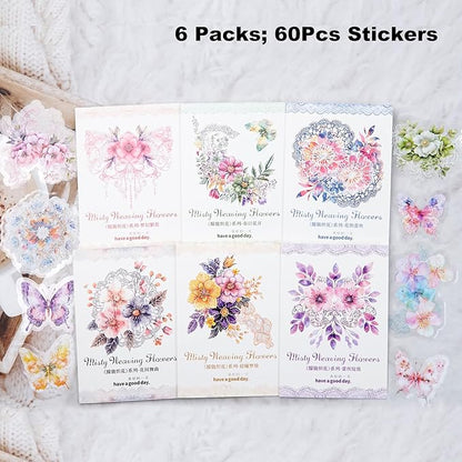 Floral PET Sticker Set, 60PCS Transparent Butterfly, Lace, and Flower Stickers for Scrapbooking, Journaling, Planners and DIY Crafts