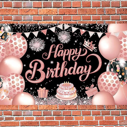 YinQin 180x120 cm Black Rose Golden Happy Birthday Party Photography Backdrops Cloth 71x47 inch Rose Gold Photo Backgrounds Glitter Pink Gold Happy Birthday Sign Banner Decorations for Women Girl