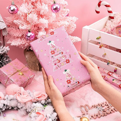 WRAPAHOLIC Christmas Wrapping Paper Roll - Mini Roll - 3 Rolls - 17 Inch X 120 Inch Per Roll - Pink Christmas tree, House, Snowflake Holiday Collection