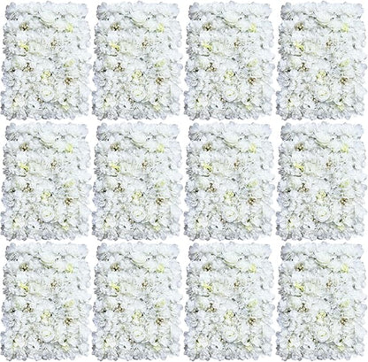 12pcs 24" x 16" Artificial Flower Wall Panel Background,3D White Plastic Hydrangea Rose Flowers Wall Backdrop for Wedding Party Event Photo Backdrop Wall Decor (White)