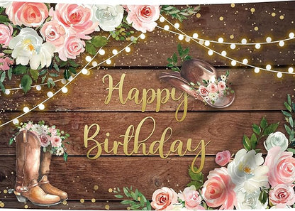 SVBright Cowgirl Western Birthday Backdrop 5Wx3H Rustic Country Wooden Plank Pink Flower Floral Retro Happy Birthday Baby Shower Hat Plant Decorations Photography Background Banner Photo Booth Studio