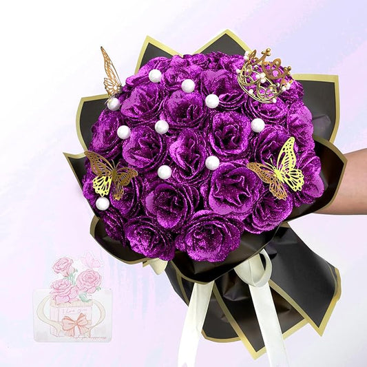 Glitter Roses Bouquet, Shiny Artificial Roses Flowers with Stems DIY Fake Glitter Flowers Bouquet for Valentine's Day, Mother's Day, Anniversary, Graduation, Birthday, Wedding, 36 Roses (Purple)