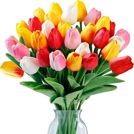 Sggvecsy 30 Pcs Fake Tulips Artificial Flowers Real Touch PU Faux Flowers Tulip Stems for Wedding Spring Bouquet Floral Arrangement Home Party Office Decorations for Mother's Day (Multi Colors)