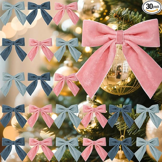 30 Pcs Velvet Ribbon Bows 5" x 4" Pre Tied Christmas Velvet Bows with Twist Tie for Gift Packaging Christmas Tree Wreaths Door Windows Wedding Party Decoration(Morandi Color)
