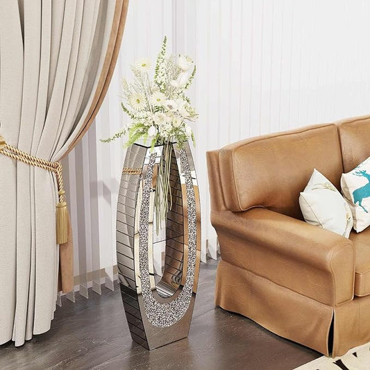 35.82" Tall Mirror Floor Vase, Modern Silver Glass Acrylic Crystal Diamond Flower Vase, Decorative Large Floor Standing Vase for Living Room, Office