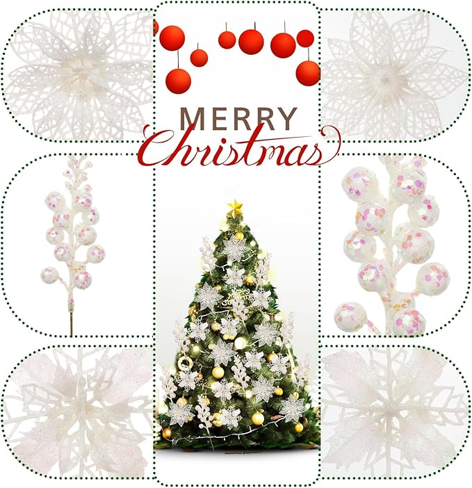 22Pcs Christmas Poinsettia Artificial Flowers and Glitter Berries Stems Kit, 16Pcs Glitter Christmas Tree Flowers Ornaments and 6 Pack Christmas Tree Picks for Wedding Xmas Holiday Decorations(White)