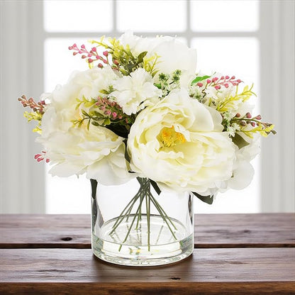 ENOVA FLORAL Artificial Silk Flower Arrangement with Vase,Mixed Artificial Silk Peony Flower in Vase for Decoration Home Office, Wedding Centerpiece (Cream)