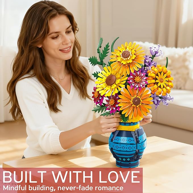 Sunflower Building Blocks with Vase Set for Adults, Christmas Artificial Flower Bouquet Botanical Collection Bricks Anniversary Birthday Gifts for Her Women Men Mom Wife Grandma Home Decor -1065 PCS