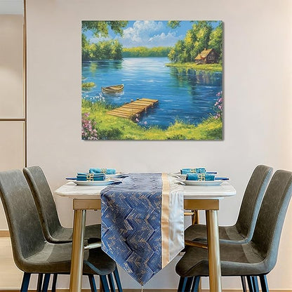 Large Green Lake Wall Art for Living Room, Framed Oversized Tree Boat Wildflowers Wall Decor Nature Landscape Canvas Painting Modern Artwork for Bathroom Bedroom Office Dining Room 36"x24"