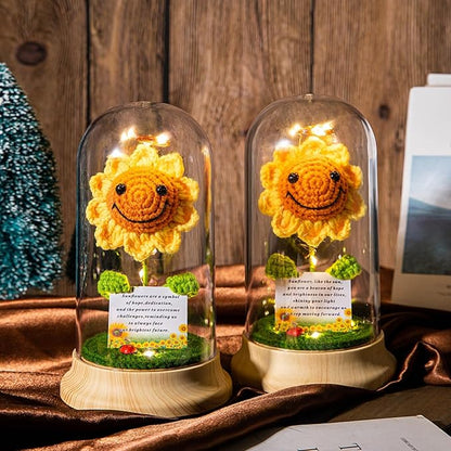Levvohd Crochet Sunflower Gifts for Women, in Plastic Dome Sun Flower for Her Mom Grandma Birthday Mothers Day Christmas Day Gift (Card- Sunflower 4.3 in X 7.5 in)