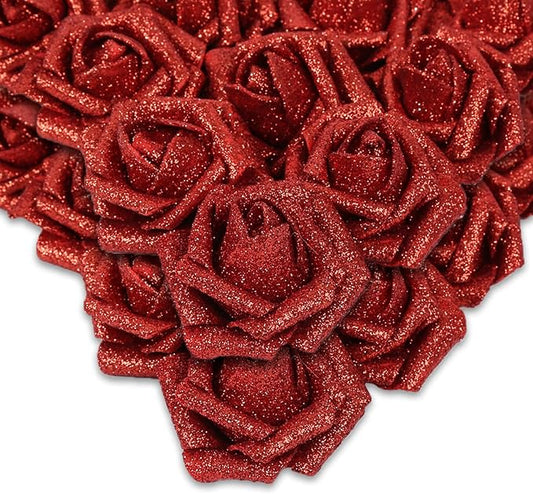 IPOPU Artificial Flowers,50pcs Red Sparkly Roses Glitter Flowers Bling Artificial Roses with Stem for DIY Wedding Bridal Bouquet Home Party Decoration(Red)