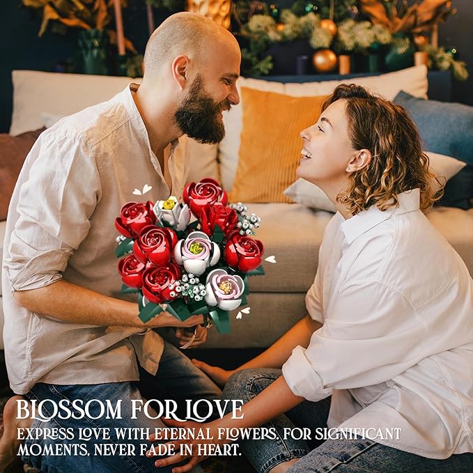 Rose Flower Bouquet Building Kit Gifts for Adults, Kids, Roses Bouquet Building Set, 841PCS Red Roses Artificial Flowers with Vase, Rose Unique DIY Gifts for Women, Anniversaries