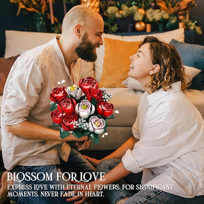 Rose Flower Bouquet Building Kit Gifts for Adults, Kids, Roses Bouquet Building Set, 841PCS Red Roses Artificial Flowers with Vase, Rose Unique DIY Gifts for Women, Anniversaries