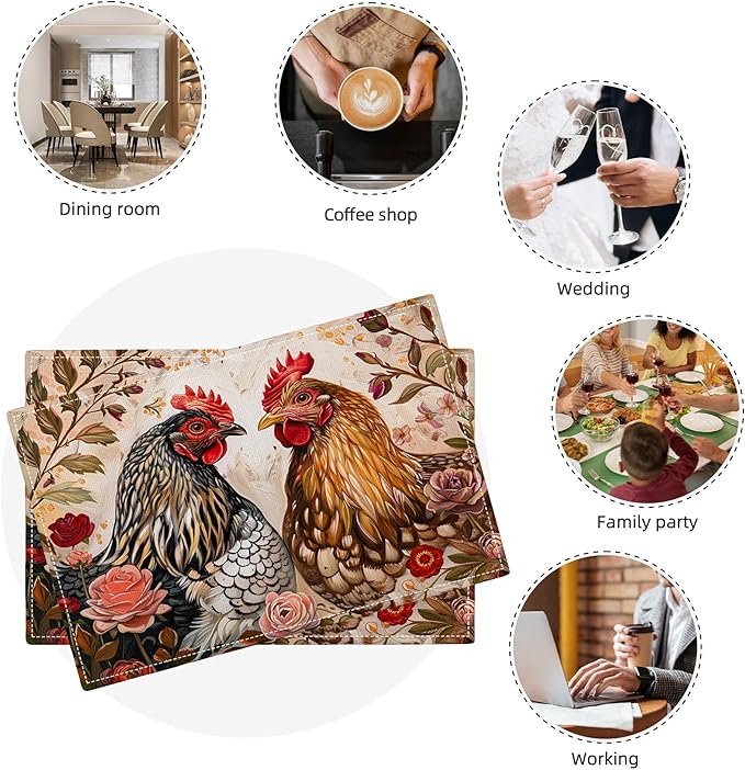 Rooster Placemats Set of 4 Farmhouse Chicken Plants Flower Placemats Farm Cock Chicken Country Hen Washable Place Mats for Party Kitchen Dining Decoration 4 PCS
