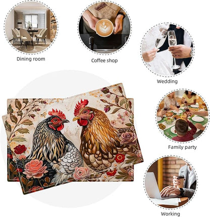 Rooster Placemats Set of 4 Farmhouse Chicken Plants Flower Placemats Farm Cock Chicken Country Hen Washable Place Mats for Party Kitchen Dining Decoration 4 PCS