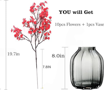 JAKY-Global 10pcs Babys Breath Artificial Flowers with Vase Gypsophila Bouquet Bulk Fake Spring Silk Flowers Real Touch Faux Floral for Home Bedroom Kitchen Garden Wedding Christmas DIY Decor (Red)