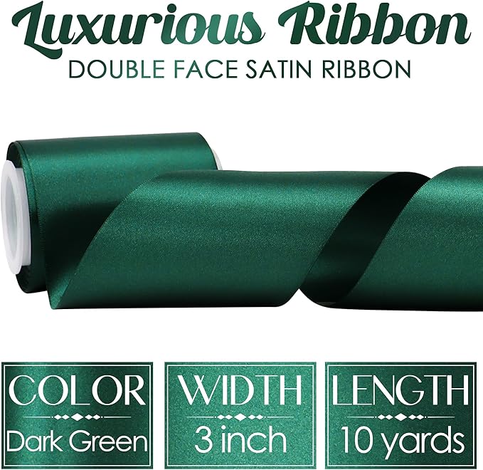 MEEDEE Dark Green Satin 3 Inch Ribbon Lux Double Faced Hunter Green Satin Ribbon by 10 Yards Green Christmas Ribbons Dark Green Ribbons for Christmas Tree, Weddings, Flower Bouquet