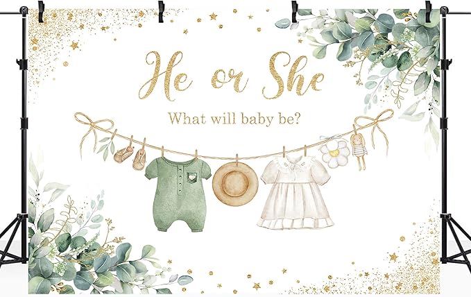 Riyidecor Green Gender Reveal Backdrop He or She What Will Baby Be 7Wx5H Feet Boho Sage Eucalyptus Watercolor Leaves Gold Dots Photography Background Baby Shower Photo Studio Shoot Polyester Fabric