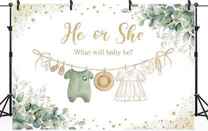 Riyidecor Green Gender Reveal Backdrop He or She What Will Baby Be 7Wx5H Feet Boho Sage Eucalyptus Watercolor Leaves Gold Dots Photography Background Baby Shower Photo Studio Shoot Polyester Fabric