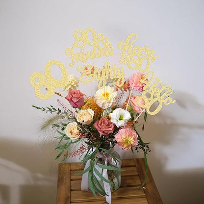 Gyufise 15Pcs 80th Birthday Centerpiece Sticks Eighty Happy 80th Table Flower Centerpieces Sticks Cheers to 80 Floral Decorations for 80th Birthday Party Centerpieces Supplies Gold
