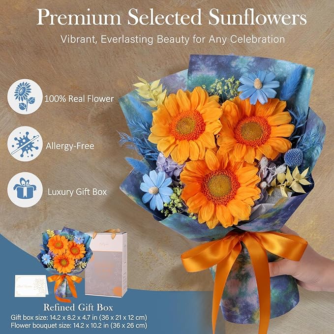 Forever Flowers for Delivery - Preserved Sunflowers Bouquet, Green Sunflowers That Last 3 Years, Eternal Flowers Bouquet for Her Mother Mom Wife Friends Birthday Gifts for Women, Starry Sky Blue