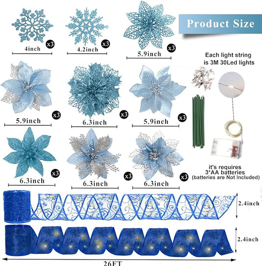 72Pcs Poinsettia Christmas Flowers with Ribbon - 9 Styles Glitter Artificial Poinsettia Christmas Ornaments for Wreath, Garland, Holiday Decor (Blue)