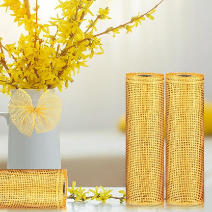 Chuangdi 4 Rolls Spring Poly Burlap Mesh Poly Burlap Deco Ribbon Mesh Roll for Summer Easter 4th of July DIY Flower Wreath Garland, 10 Inch(Yellow)