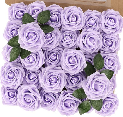 MACTING Artificial Lavender Flowers 30PCS Real Touch Fake Flowers with Stem Soft Foam Roses for Valentines Day Gifts DIY Wedding Bouquet Boutonniere Table Centerpieces Party Spring Home Decorations