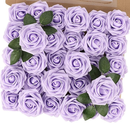 MACTING Artificial Lavender Flowers 30PCS Real Touch Fake Flowers with Stem Soft Foam Roses for Valentines Day Gifts DIY Wedding Bouquet Boutonniere Table Centerpieces Party Spring Home Decorations
