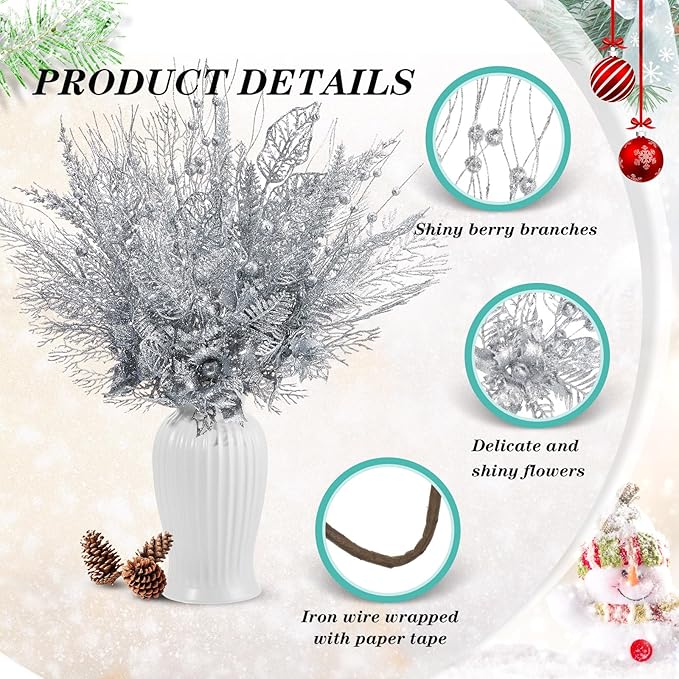 30 Pcs Artificial Christmas Tree Picks and Sprays Glitter Berry Stem Branches Holly Floral Picks Twigs Christmas Tree Ornaments for DIY Xmas Wreath Vase Filler Decorations(Silver)