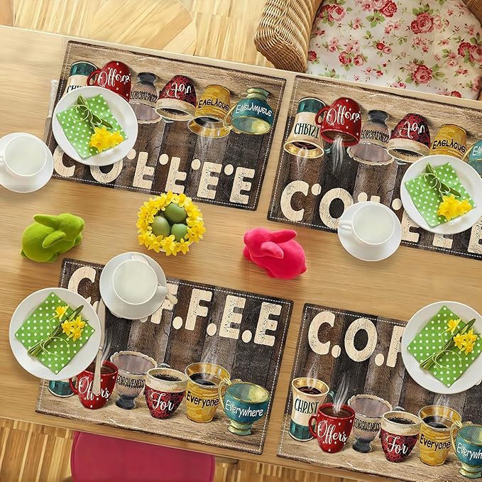 Christian Coffee Placemats Set of 6 Coffee Table Mats Washable Place Mats for Home Party Indoor Kitchen Dining Table Decoration 12x18 Inch