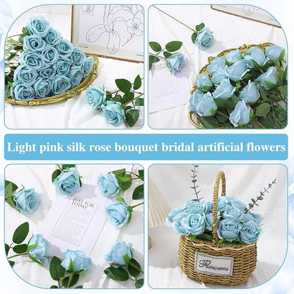 80 Pcs Roses Artificial Flowers, Silk Haze Blue Artificial Flowers Petals Long Stem Roses for Wedding Bouquet Home Party Decor