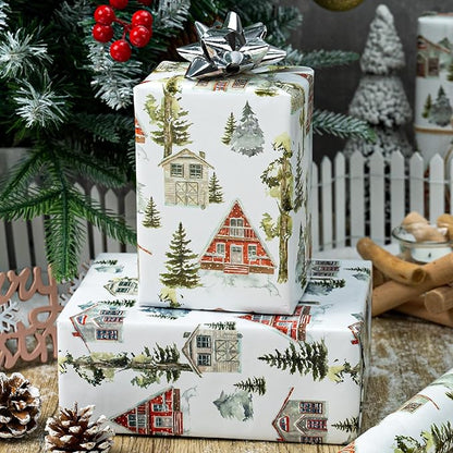 MAYPLUSS Christmas Wrapping Paper Roll - 17 In x 33 Feet - Cute Watercolor Christmas Tree Log Cabin Gift Wrap Paper for New Year, Holiday, Kids