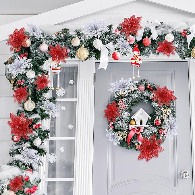 Boao Red,Silver 24 Pieces Poinsettia Flower Christmas Glitter Artificial Poinsettia with Clips Christmas Tree Ornament Decorations for DIY Xmas Wreath Holiday Home Party Decor, 3/4/6 Inches