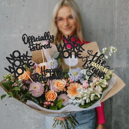 Ephlyn 16Pcs Happy Retirement Centerpiece Sticks Officially Retired Table Flower Centerpieces Sticks No Work Zone Floral Decorations for Farewell Birthday Party Centerpieces Supplies Black