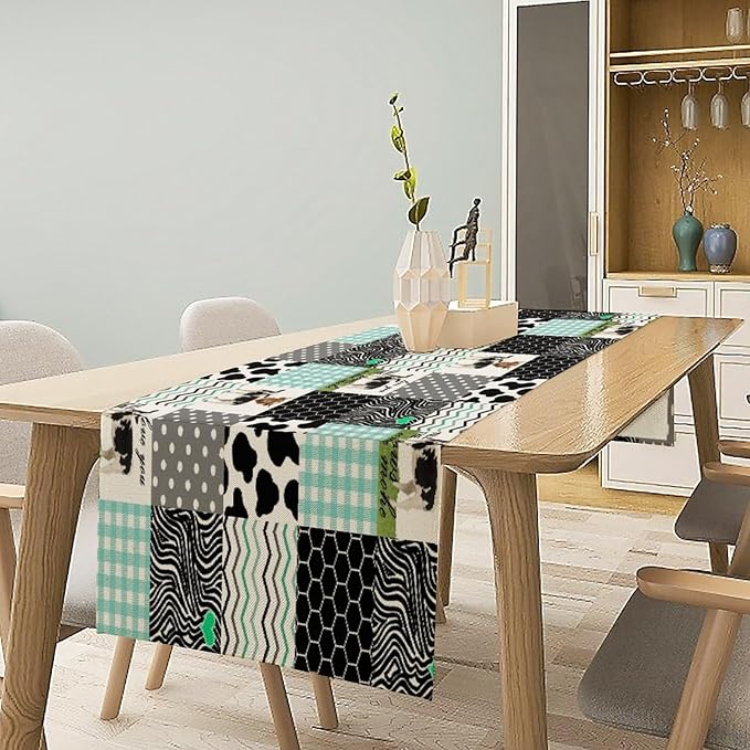 Cute Cow Print Table Runner,Farm Animals Honeycomb Plaid Stripes Cowhide Pattern Tablecloth Burlap for Hotel Indoors Outdoor Dining Room Kitchen Table Decor, 13x108in