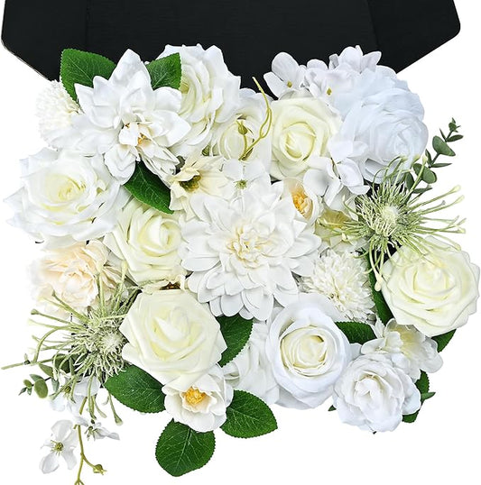Artificial Flowers Combo Box, Fake Silk Foam Flower Mix with Wire Stem, DIY Wedding Bridal Bouquet Shower Party Home Décor (30-40 Pieces) (White)